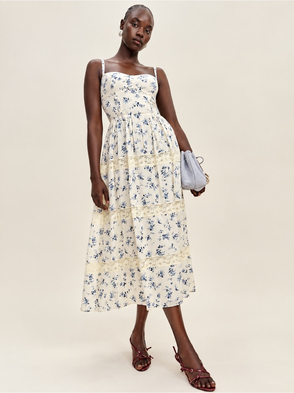 NWT REFORMATION Dina White and Blue Floral Maxi Dress with Spaghetti Straps